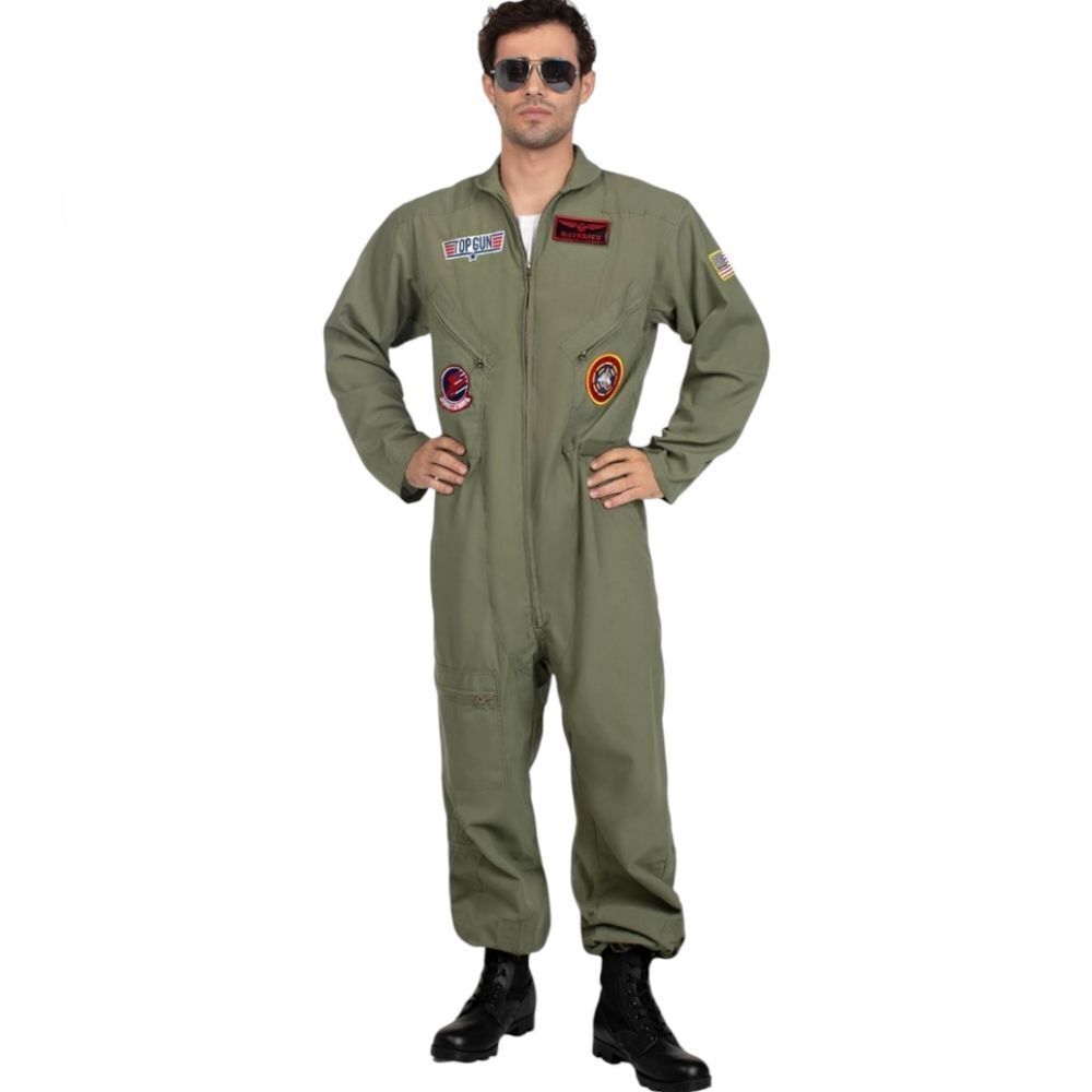 LEG AVENUE Top Gun olive green‎ flight suit costume with patches Tom Cruise L/XL